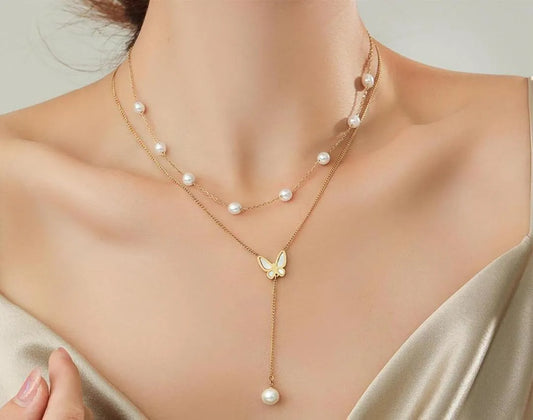 High Quality 2 Layered pearl Necklace with earing