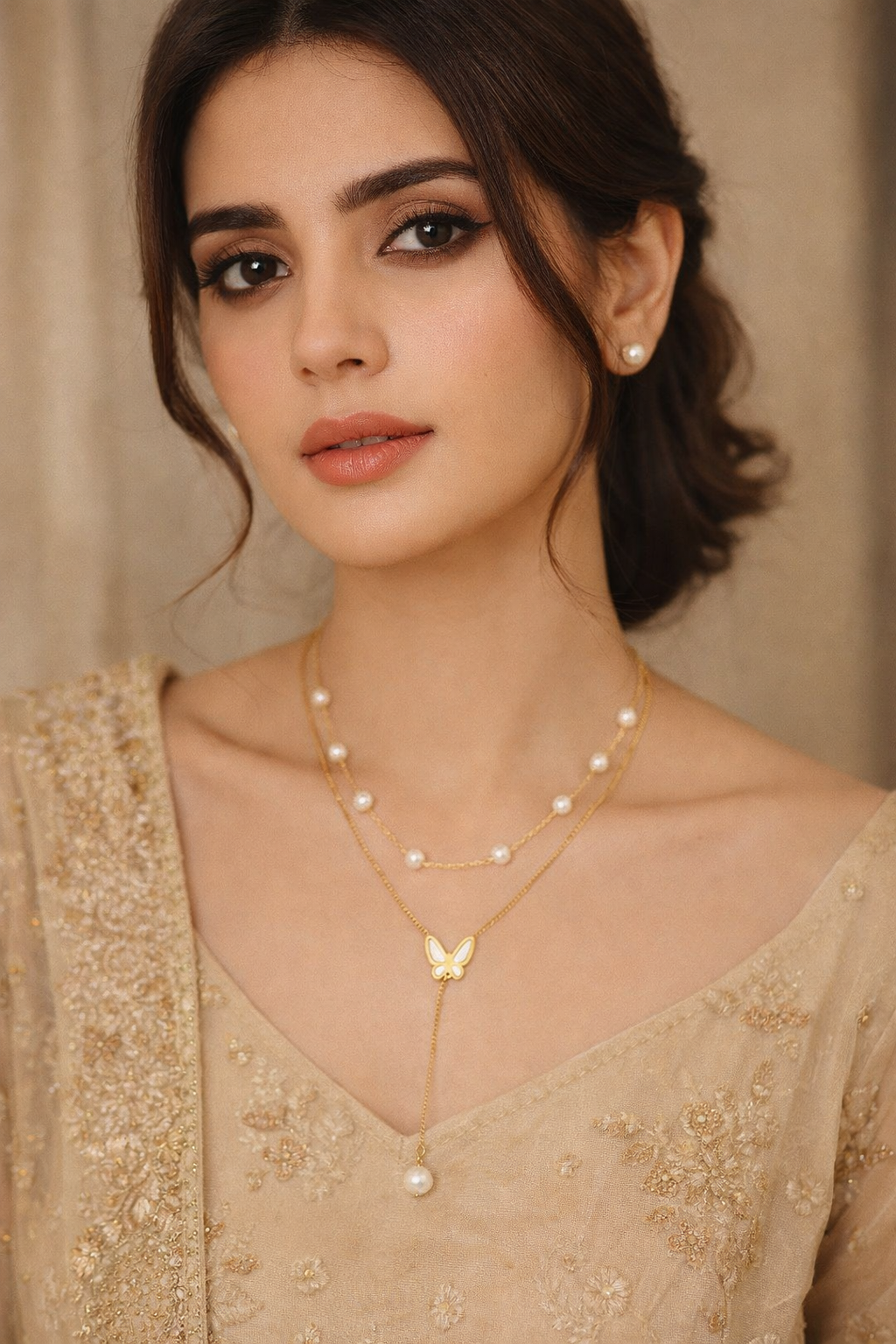 High Quality 2 Layered pearl Necklace with earing